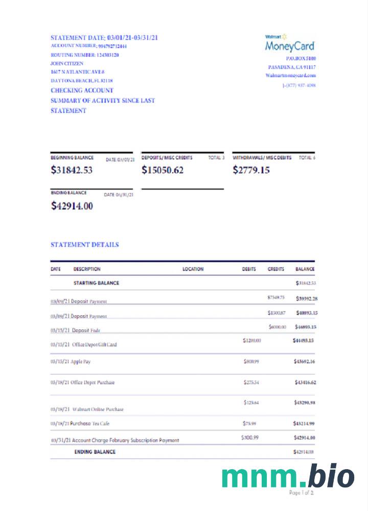 USA WALMART MONEY CARD statement Word i szablon PDF, Wersja 2